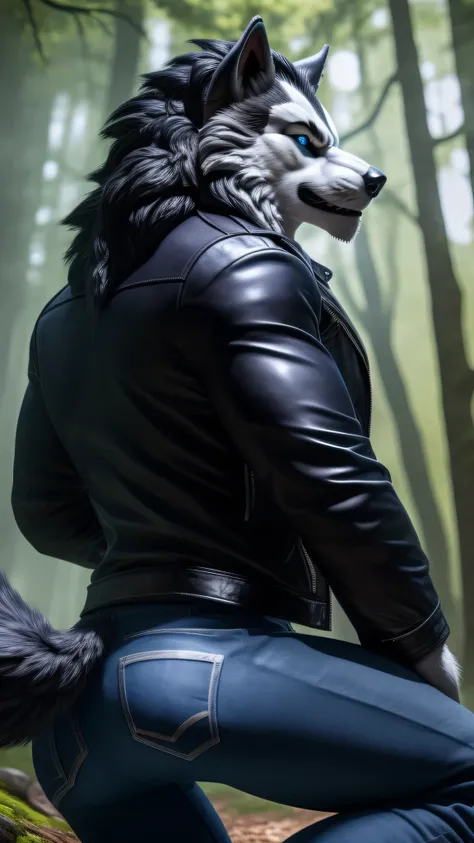 Posing, 1male, 30 years, Beautiful, eyeliner, happy expression, black leather jacket, the second, lobo ears, (black fur:1.5), lobo, forest background, 8k, anything, (Best Quality, masterpiece), (lobo Tail:1.5), detailed skin, Alone, neck, blue jeans, blue ...