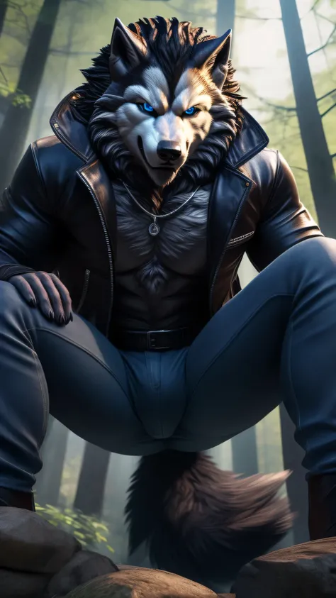 Posing, 1male, 30 years, Beautiful, eyeliner, happy expression, black leather jacket, the second, lobo ears, (black fur:1.5), lobo, forest background, 8k, anything, (Best Quality, masterpiece), (lobo Tail:1.5), detailed skin, Alone, neck, blue jeans, blue ...