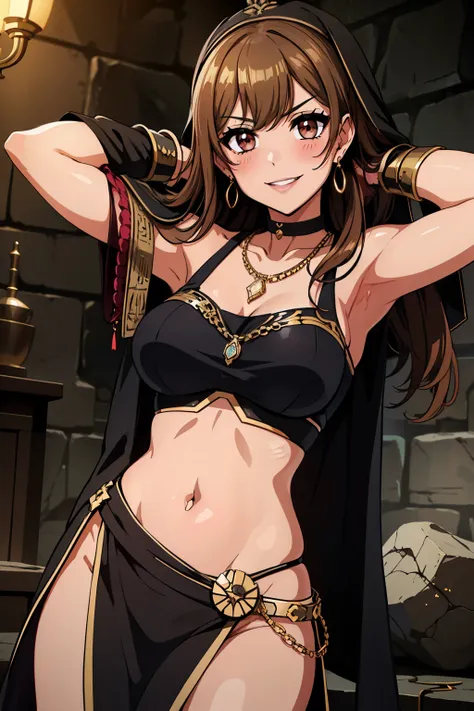 kyoko, headpones around neck, bangs, brown eyes, long hair,brown hair, seductive smile, blush, lipstick, jewelry, earrings, hot ...