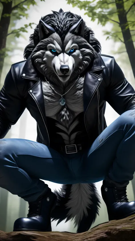 Posing, 1male, 30 years, Beautiful, eyeliner, happy expression, black leather jacket, the second, lobo ears, (black fur:1.5), lobo, forest background, 8k, anything, (Best Quality, masterpiece), (lobo Tail:1.5), detailed skin, Alone, neck, blue jeans, blue ...