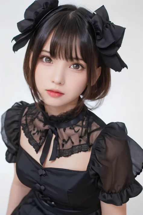 1girl, (a beauty girl, delicate girl, sweet girl:1.3), (12yo:1.3),
break, (black gothic lolita fashion, black blouse, black ruffle, skirt:1.3),
break, (white background:1.3),
break, very fine eyes, (symmetrical eyes:1.3),
break, (small breasts:0.5), (black...