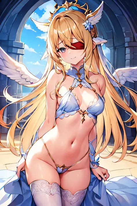 (4K、High resolution image quality、Detailed light、Detailed Shadows、Detailed Design)、1 girl、bionde、Long Hair、Straight Hair、Fantasy、Blue and white outfit、((Modest chest、Small breasts))、angel、((valkyrie))、the navel is slightly visible、Decoration on the head、an...