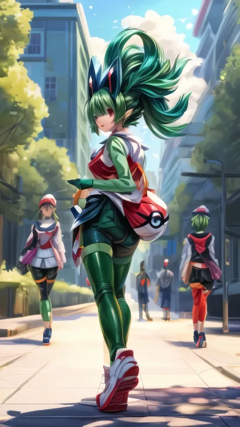 anime girl with green hair and green pants walking down a sidewalk, pokemon anime style, pokemon art style, pokemon trainer, illustration pokemon, misty from pokemon, pokemon style, pokemon trainer outfit, style artgerm, forest city streets behind her, in ...