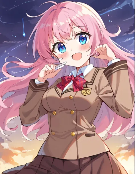 1girl, solo, school uniform, brown uniform, white stoking, pink hair, Двойные хвосты, blue eyes, smile, коридор школы, держит в руках учебники 