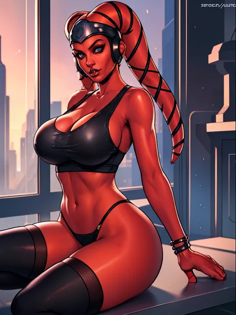 1girl, busty, masterpiece, best quality, high-definition, ((red skin), twilek), evil space knight, space ninja, (wearing black tank top, panties, socks, ((busty)), slender body, thin, slim sexy body, slim waist, ((gigantic breasts, huge breasts))), futuris...