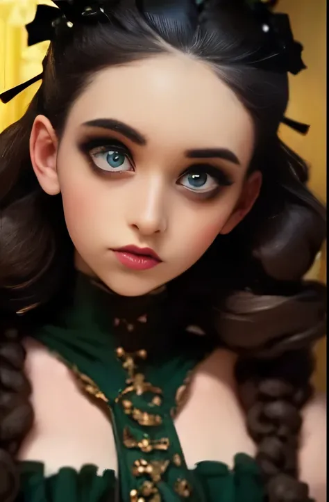 a close up of a woman with a cross on her head, she looks like a mix of grimes, with haunted eyes and curly hair, looks like a mix of grimes, 1  goth girl, young victorian sad fancy lady, looks a blend of grimes, arya stark as venus, melanie martinez, rese...