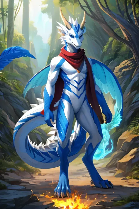 (anime), (front facing), (looking at the camera), slim furry white dragon using fire magic, (detailed eyes), white body color, blue secondary body color, (colored body details), (creative spikes), scale patterns, very long muzzle, neck and tail fur, digiti...