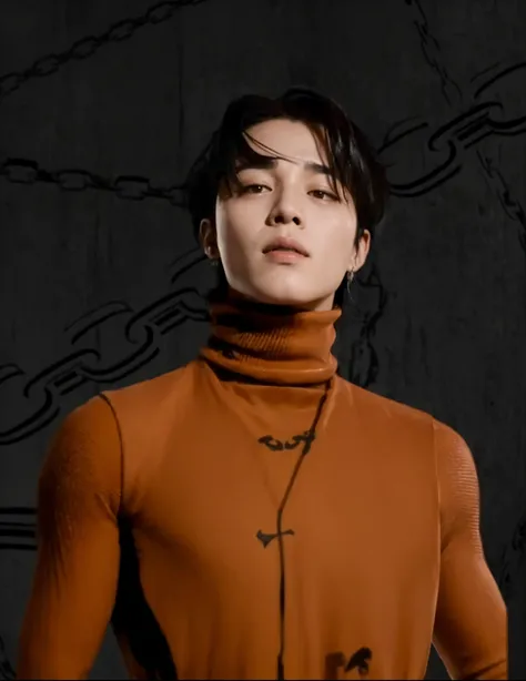 Jungkook bts actor and kpop idol more realism in hair and clothing hair orange, Generate an image of a Korean Kpop idol with bright orange hair, dressed in a black shirt and a tunic of the same color, surrounded by dark witches and warlocks in a coven. The...