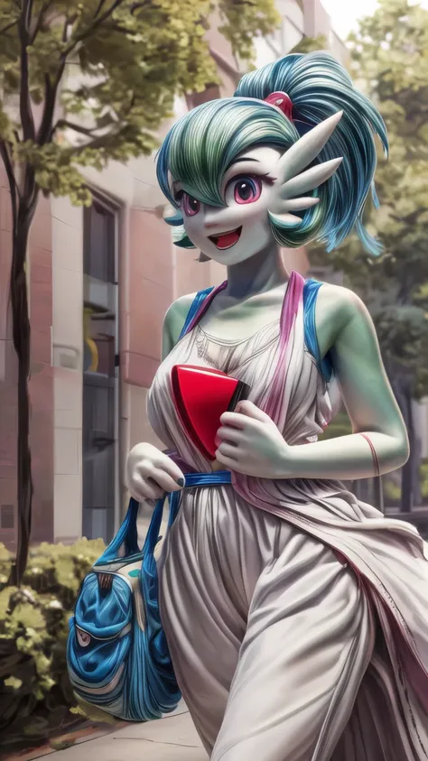 (best quality,4k,8k,highres,masterpiece:1.2),ultra-detailed, Gardevoir as a College Girl walking around college campus, strutting her stuff, Smiling and laughing, Flirting with the viewer, Pokémon, Pokémon (game), game freak, nintendo, (porcelain skin), bl...