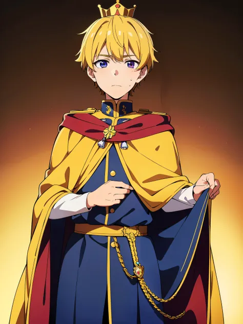 Highres, Masterpiece, Best quality at best,Best Quality,hight quality, hight detailed, Anime style, 1boy, crown, young prince, The uniform of a young prince, the accessories, the cloak at the back, Give me the image of a young prince from Europe, cuddle, p...