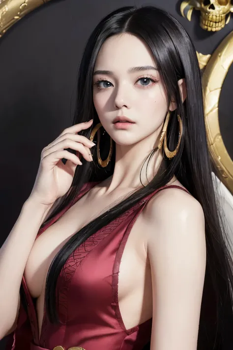 (((masterpiece+highest quality+High resolution+Very detailed))), Boa Hancock, long, silky black hair, High nose, Sharp eyes, A noble and inviolable character, (([woman]: 1.2 + [beauty]: 1.2 + Long black hair: 1.2)), skull_snake background, Bright Eyes, Dyn...