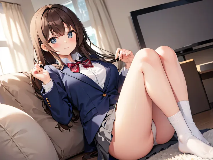 (Masterpiece, top quality, high resolution, realistic photo, realistic looking skin:1.1),
(The woman is sitting, crouching, or lying in the living room, showing her panties to us:1.8), 
(Her skirt is short and her panties are visible: 1.8),
(She should hav...