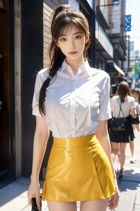 (Ultra HD), (Looking at me), (The whole body is shown), (Office Lady:1.2, Collared shirt, Tight mini skirt), (Big Breasts:1.2), Super beautiful breasts, slender, Narrow waist, (Thin legs:1.2), (Thin thighs:1.2), (Thin Hips:1.4), (Beautiful Skin, Shiny skin...