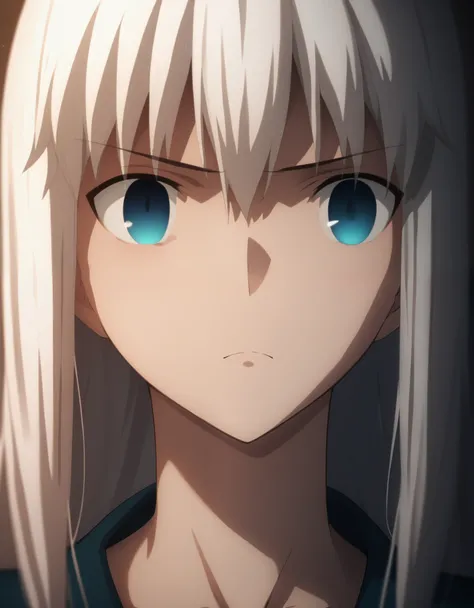 sauce_anime, ambient light,
fsn_ubw_style, 1girl ,tall girl, straight hair ,long hair, white hair, deep blue eyes, hair between eyes, perfect eyes , Perfect face, expressive eyes, close up face,  wince ,frown,
NSFW ,(show off breast), (undress dress open s...