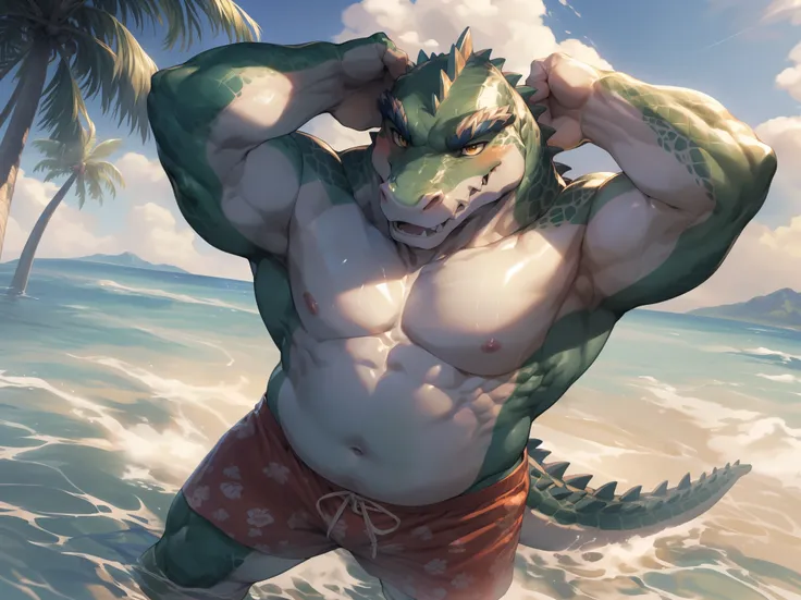 (By Empty Ghost, From thebigslick, By Dark Gem, Will chase), Keyuan Building (Onmyoji Daisenji Temple), High quality photos, Perfect anatomical structure, Anthropomorphic crocodile, male, 30 years old, (crocodile print), Thick eyebrows, short hair, White T...