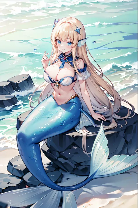 masterpiece, best quality,princessmia20,a girl,head fin,large breasts,blue eyes,blonde,独奏,mermaid,蓝色的mermaid尾巴,full-body shot,be...