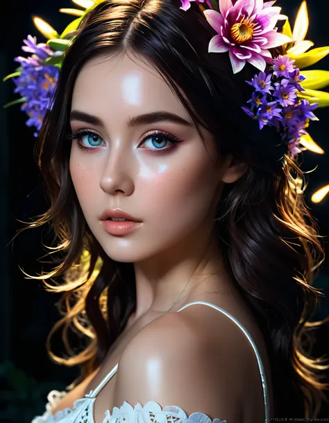 splendidly beautiful girl in the dark, glare eyes, dark hair, shining skin, 
bright flowers around the face,  something mystical...