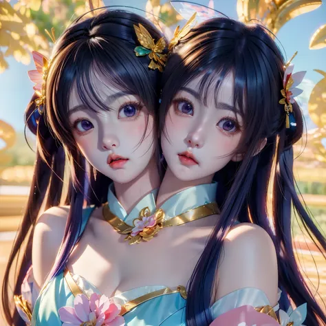 (masterpiece, best quality), best resolution, (2heads:1.5), 1girl, hu tao character, conjoined, anime girls with long hair and butterfly wings in their hair, two beautiful anime girls, anime styled 3d, beautiful anime style, 3d anime girl, 🌺 cgsociety, ani...