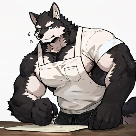 1 boy, Solitary, anthropology, Wolf, hairy, Black and white fur, Where people gather，Sparkling blue eyes, Pink hunk，Have abdominal muscles，muscular, Handsome, apron, Black pants, White shirt, lie on the floor, sleep, high quality, Super Detail, 1080P, high...