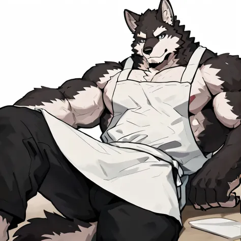 1 boy, Solitary, anthropology, Wolf, hairy, Black and white fur, Where people gather，Sparkling blue eyes, Pink hunk，Have abdominal muscles，muscular, Handsome, apron, Black pants, White shirt, lie on the floor, lie, high quality, Super Detail, 1080P, high q...