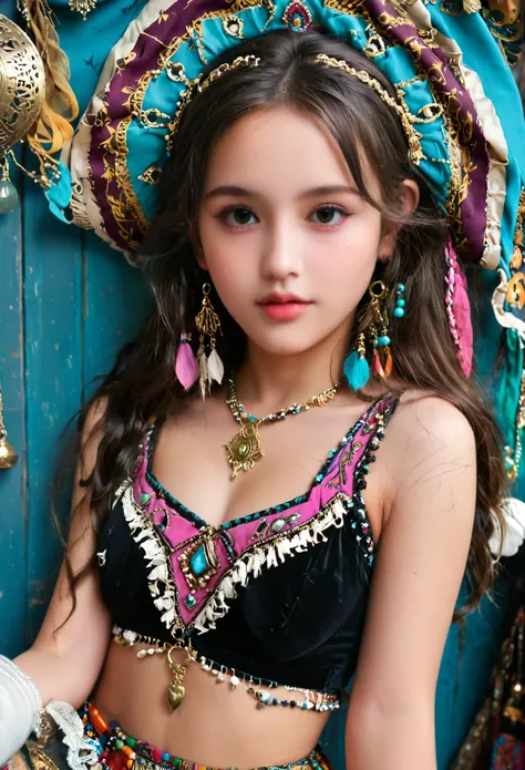 1girl, detailed face, (from side:0.8), gypsy clothing style, bohemian design, cinematic scene, starshape accessories, intricate super details, maximalist interior design, (looking at viewer:1.2), wide shot, (12yo, cute:1.3), (breasts:1.2),