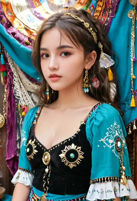 1girl, detailed face, (from side:0.8), gypsy clothing style, bohemian design, cinematic scene, starshape accessories, intricate super details, maximalist interior design, (looking at viewer:1.2), wide shot, (12yo, cute:1.3), (breasts:1.2),