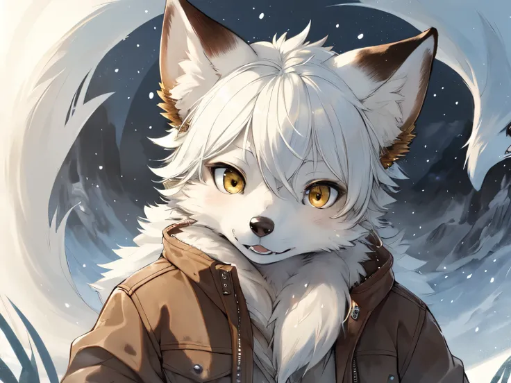 Yoshitaka Amano，Yoshitaka Amano，1 person, 8k Werewolf Portrait, arctic fox，Golden iris，Arctic fur is as white as snow，cowboy，Brown canvas jacket,, illustration, ((masterpiece))，Sunny，In the grassland