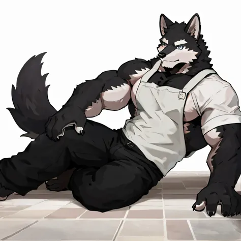 1 boy, Solitary, anthropology, Wolf, hairy, Black and white fur, Where people gather,Sparkling blue eyes, Pink hunk,Have abdominal muscles,muscular, Handsome, apron, Black pants, White shirt, lie on the floor, lie, high quality, Super Detail, 1080P, high q...