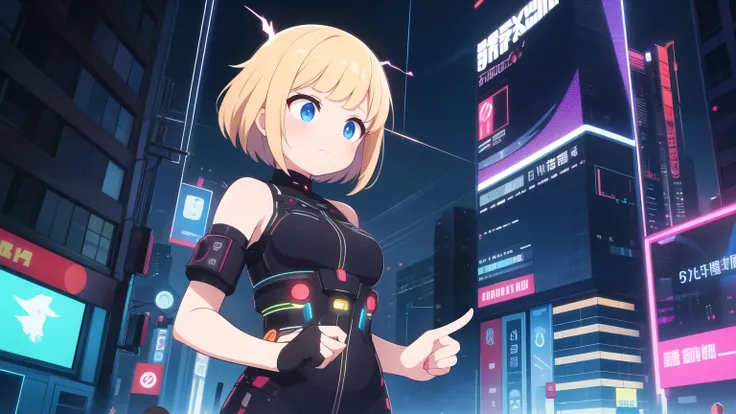 masterpiece, Highest quality, Super detailed, Anime Style, In the high-tech city, A cute girl manipulates electricity, Sparks fly along her fingertips. Cyberpunk style outfit, Has a circuit-like pattern, She skillfully harnesses the energy of the cityscape...