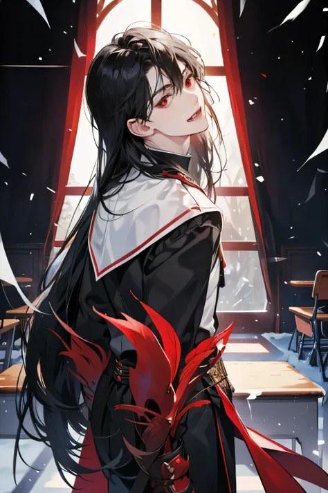 male, black long wolfcut hair, school uniform, classroom back ground, handsome, snow white skin, red eyes, fangs
