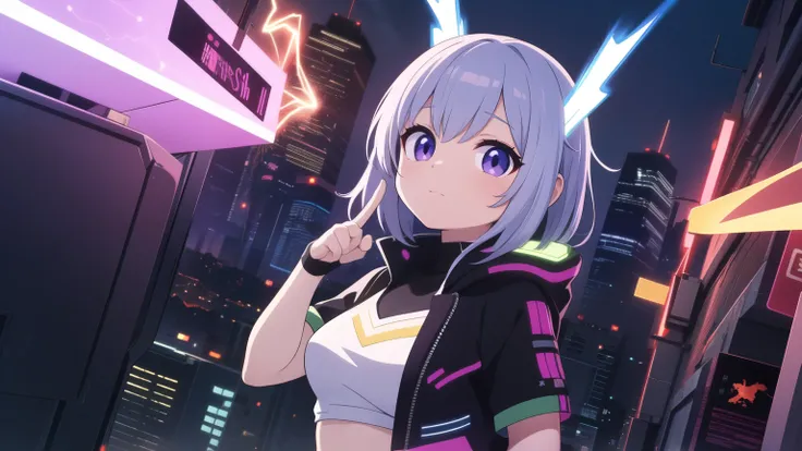 masterpiece, Highest quality, Super detailed, Anime Style, In the high-tech city, A cute girl manipulates electricity, Sparks fly along her fingertips. Cyberpunk style outfit,The background is simple