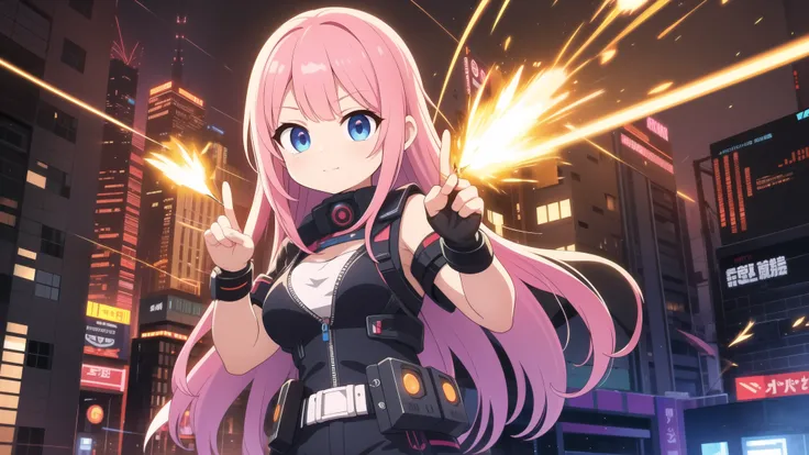 masterpiece, Highest quality, Super detailed, Anime Style, In the high-tech city, A cute girl manipulates electricity, Sparks fly along her fingertips. Cyberpunk style outfit,The background is simple