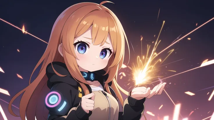 masterpiece, Highest quality, Super detailed, Anime Style, A cute girl manipulates electricity, Sparks fly along her fingertips. Cyberpunk style outfit,The background is simple