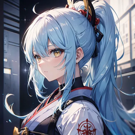 Female Samurai,Light blue hair in a ponytail,Beauty,Yellow Eyes