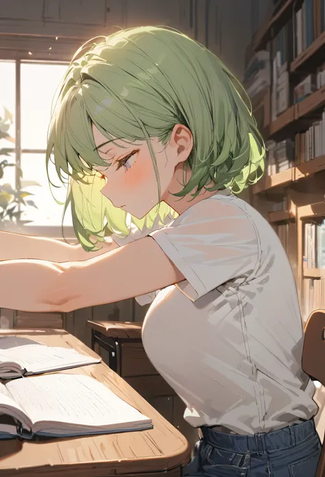 1girl,white shirt, black shortsleebe jacket,green hair,short hair, straight hair, shocks,blue jeans, studying,wooden desk,from side, looking away, Close ~ eyes,Feels good,Clasp your hands above your head, Stretching,comfortable,masterpiece,best quality, ul...