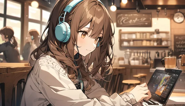 I put on headphones,Brown Hair,1 person,bright,Detailed Background,Listening to music in a cafe