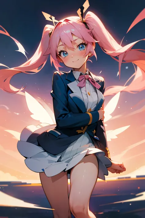 beautiful girl、Pokémon、Nymphia、Personification、Light pink hair、Tsundere、With a ribbon on his head、Small twin tails、Fair skin、delicate、Small breasts、uniform、blazer、high school girl、White knee-high socks、High resolution, Anatomically correct, Hime cut, A sed...