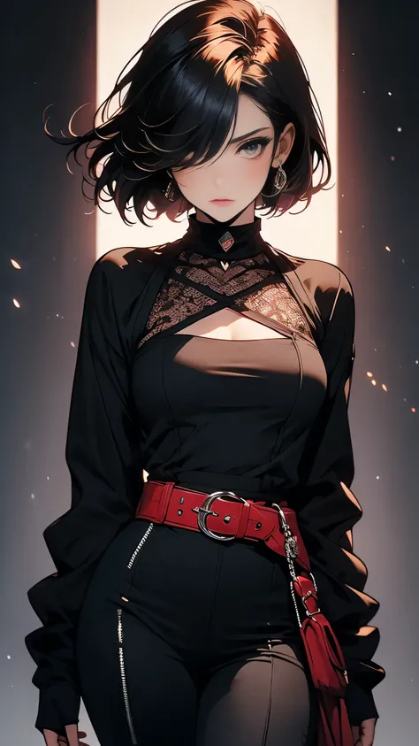 High Quality, Zenooe artstyle, A young woman, aged 24, dressed in a functional yet stylish black outfit with subtle maroon or bright red accents. She has a a short, messy bob with dark, textured layers that give it a windswept look. The front bangs are lon...