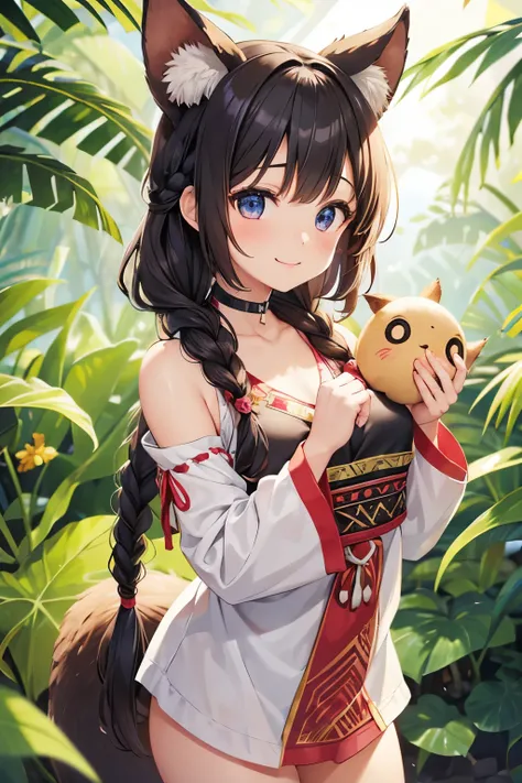 One girl, solo, High resolution, chest, smile, Double braid, 大きなchest, Animal Ears, Baby Face、Big eyes、Tribal style clothing、Tribal Herbivores、In nature