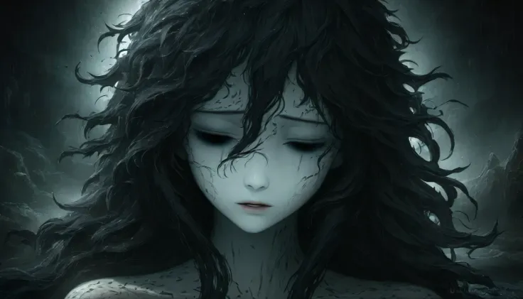 Dark Background, black hair, long hair, messy hair, empty eyes, parted lips, scared, expressionless, guilt, lonely, eyes closed, Surrealism, anime style, chiaroscuro, close-up, UHD, UHD, UHD, masterpiece, textured skin, best quality, 8k