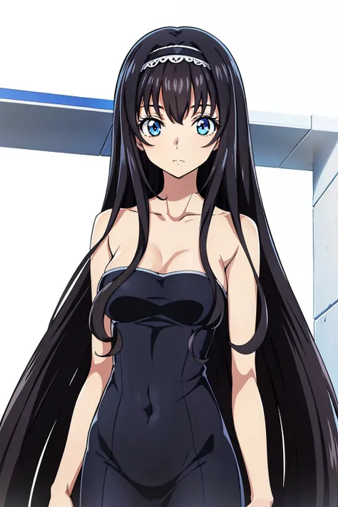 black hair,long hair,blue eyes,bangs, ((髪band)), anime cel style,masterpiece, highest quality, very detailed, a anime girl, (pur...