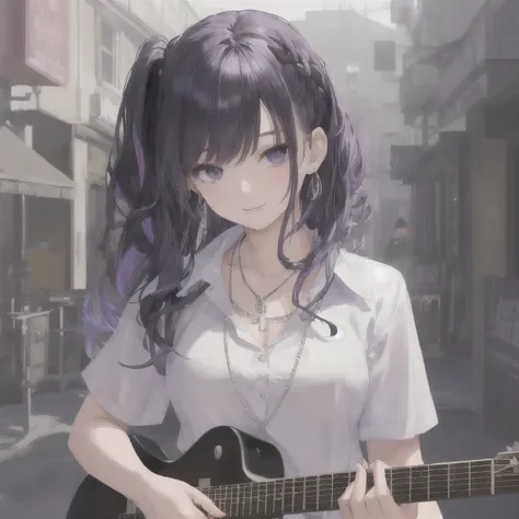 masterpiece,One girl,alone, A light smile, Metal Necklace, White shirt, Modern school uniform, accessories, Purple and black two-tone hair color, Unique Hairstyles, stylish, Has an electric guitar、Photorealistic、Beautiful colors、Distinct shades、Detailed de...