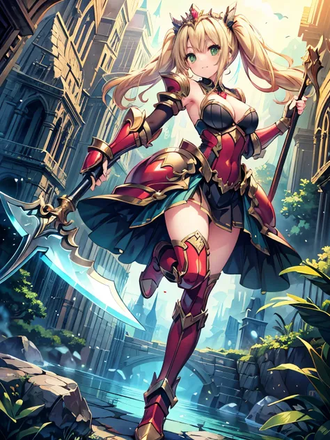 (masterpiece), Highest quality, Fantasy art, One girl, a female knight in metal armor holding ax, red_Costume, white_armor,cropped shoulders armor, plate armor, armor dress,Gauntlet, Blonde,Twin tails, Long Hair, green_eye, Ruby Tiara,Cleavage, Thighs, Kne...