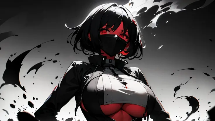  simple background, monochrome, horror (theme) there is a broken picture, black paint splatted, red blood splatted, smoked, red blood  (((anime girl character))), big boobies, wearing a mask