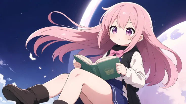 masterpiece, Highest quality, Super detailed, Anime Style, A cute girl is reading a book while flying in the air,The background is simple,Pink haired girl flying in the air