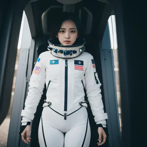 one girls , Young , A view from below , Short Hair Hair , black  hair , spacesuit , White spacesuit , Pop visible , naked butt , girl in a spacesuit , hiquality , Dark tones