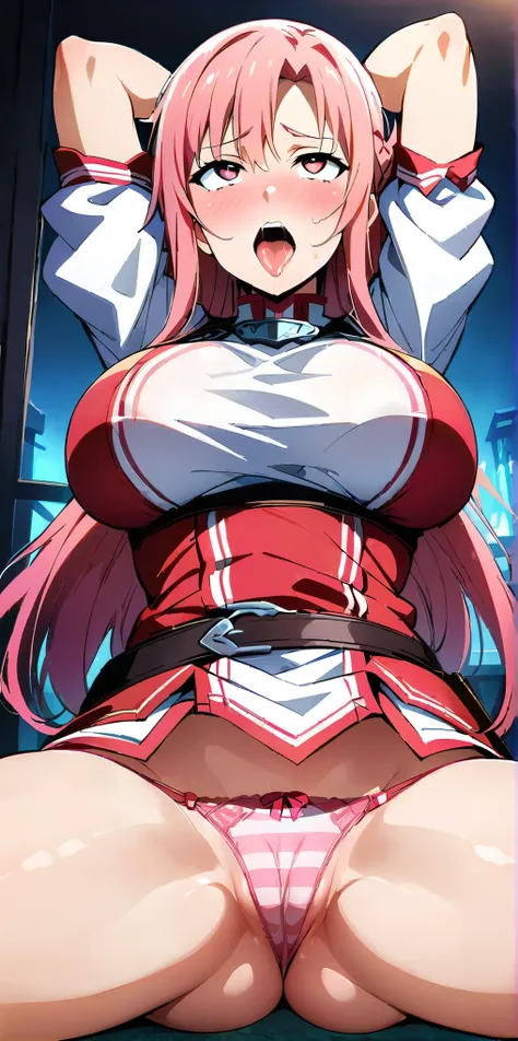 ((Highest quality)), ((masterpiece)), (detailed), Perfect Face、(((NSFW)))、Big Breasts、Squat、Leg spread、((Ｍ字Leg spread))、solo、from the front、、Ahegao、Fold your arms behind your head、Night One、((Sexy pink panties with stripes－))、Mansuji、Yuuki Asuna、