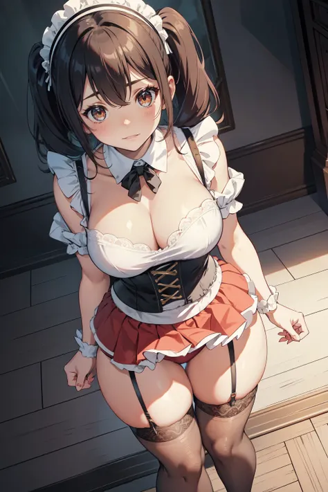 Palace lobby, (((whole body))), (masterpiece), ((Highest quality)), (Very short girl), Big breasts, Big Breasts､Emphasize cleavage、Short Twin Tails, (Wide Hips:1.5), (Thick thighs:1.5), (Very short skirt), Closed-toe footwear､See-through maid outfit､Angle ...