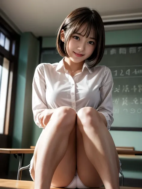 loafers、smile、Bright classroom、(((alone))),(((1 girl))),  beautiful, shape, Highly detailed skin, masterpiece, Highest quality, Highly detailed face, Vibrant colors, Written boundary depth, Cinema Lighting,, One Girl, alone, short hair,skirt,blush, White s...