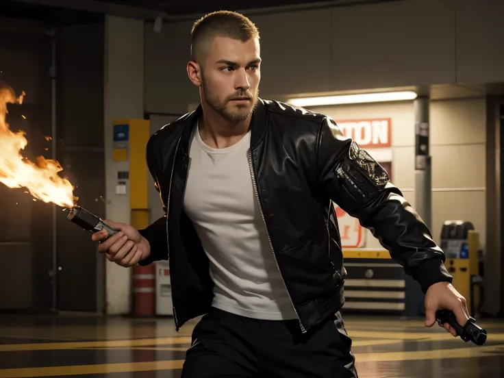 blonde buzz-cut haired, dark eyed, brown bearded, black tight long sleeved faux bomber jacket on a white tshirt, grey cargo pants wearing man holding a burning lighter in a petrol station betwqeen gasoline tanks, action movie still, action thriller, holdin...